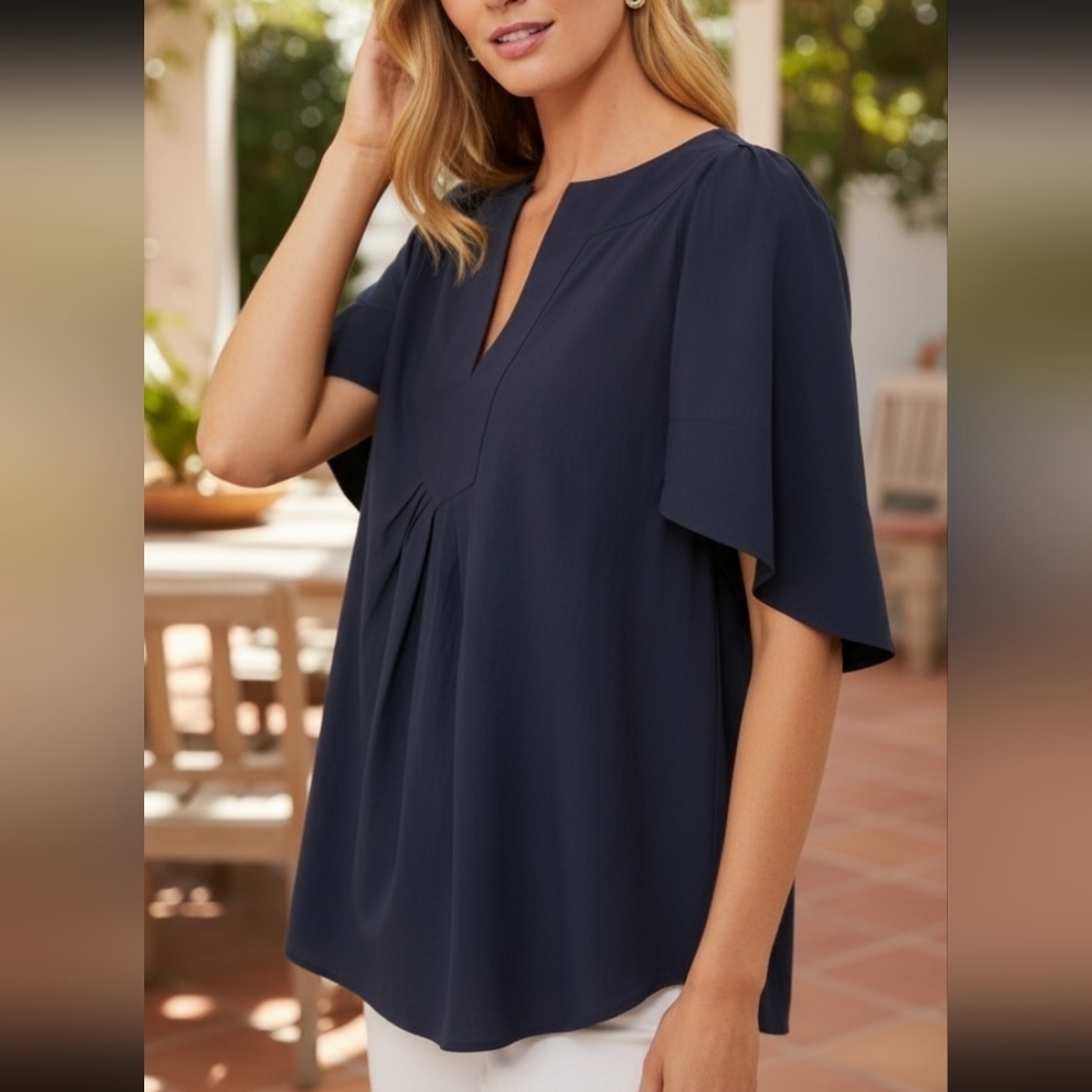 Ann Taylor Factory Blue Navy Flutter Sleeve Vneck Spring Top Size Medium